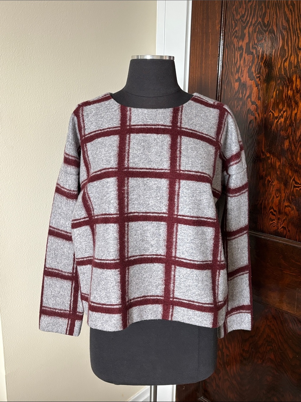 Madewell Wool Blend Windowpane Crewneck Sweater Gray & Burgundy Longsleeve Soft